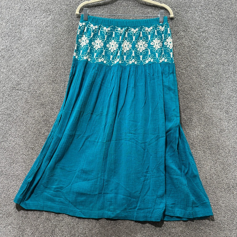 VTG 90s Styleworks Blue Cotton Gauze Embroidered Midi Skirt Womens M USA Made
